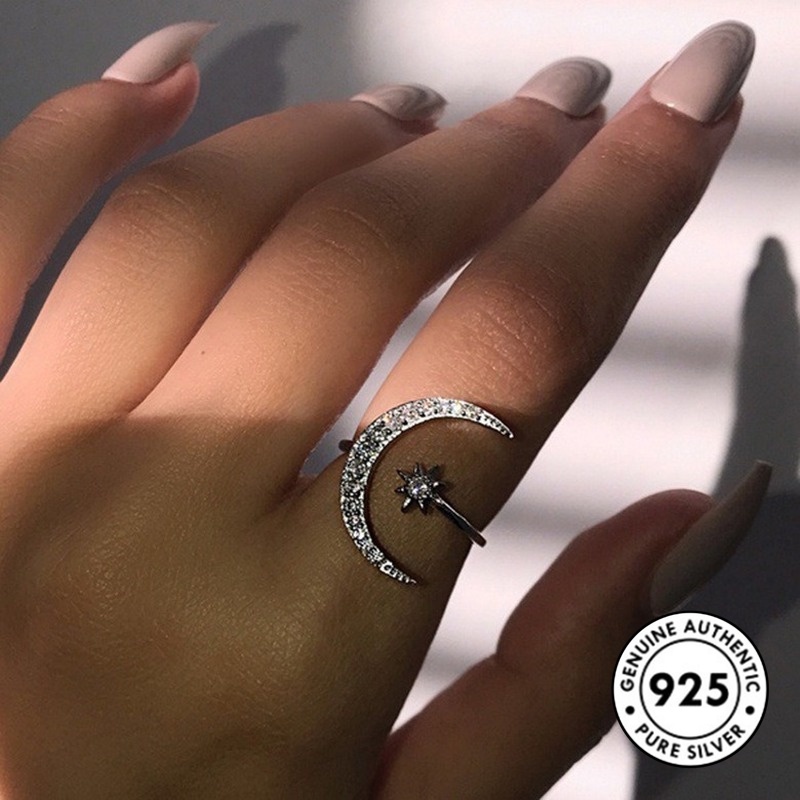 Cincin Desain Bulan Bintang Bahan S925 Silver Gaya Elegan