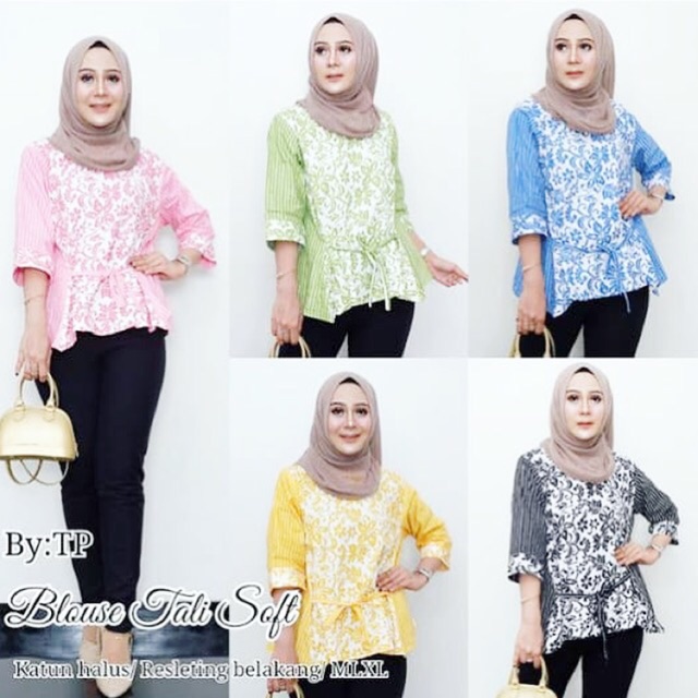 Blouse  soft batik semerbak  tali samping garutan pink blue green yellow seragam grosir motif