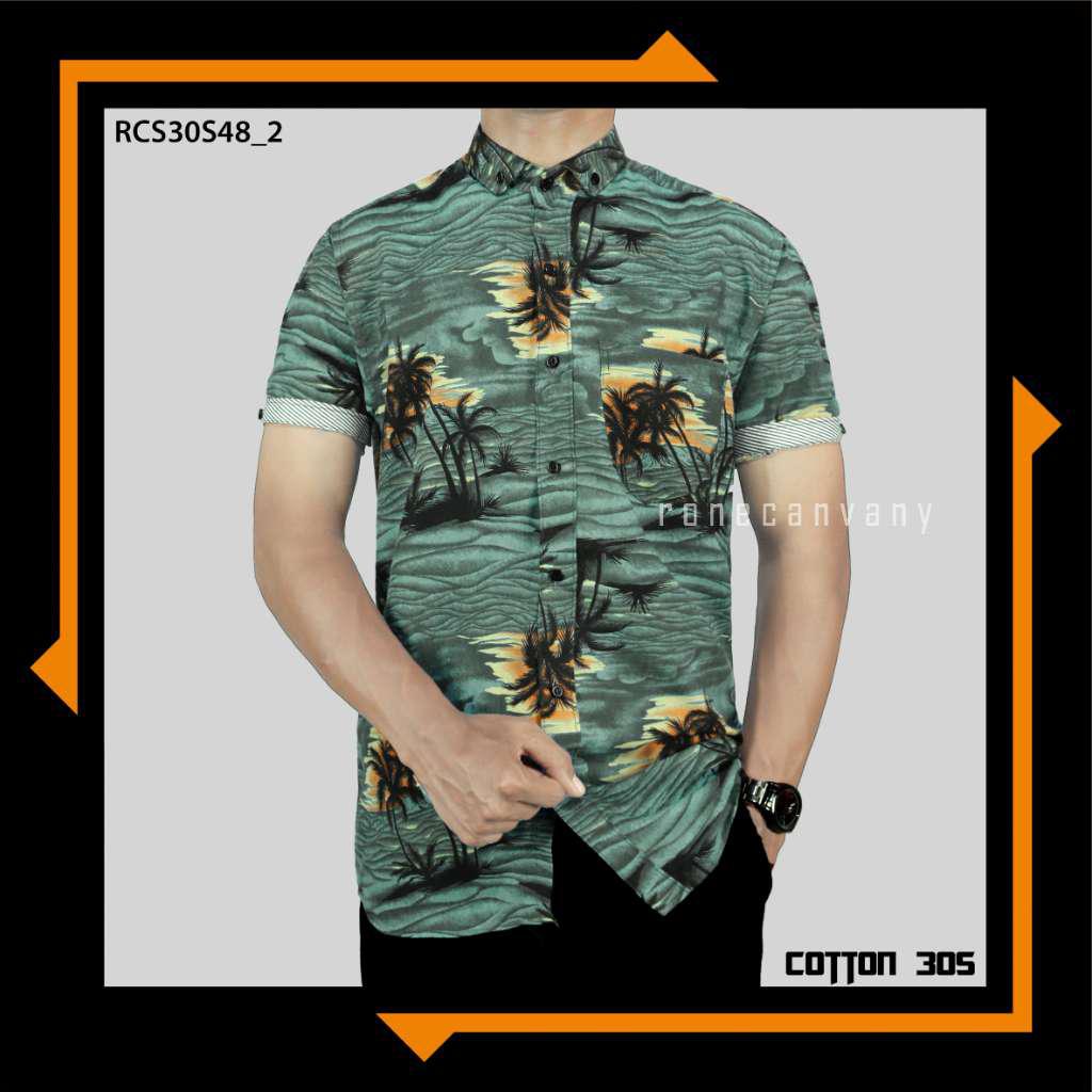 Kemeja Pria Lengan Pendek Motif Pantai Dan Fashion Bahan 30s Berkualitas Original Rone Canvany