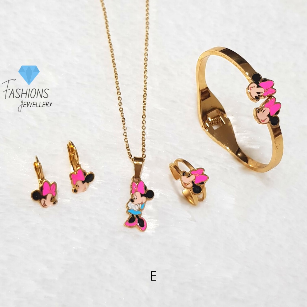 4pcs set Perhiasan Kalung + Gelang + Cincin + Anting untuk anak