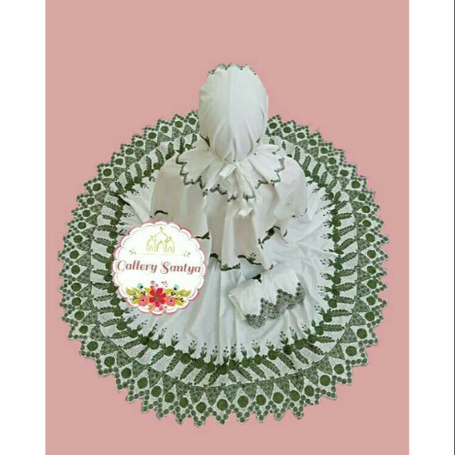 Mukena bordir bukittinggi bunga keliling putih motif hijau motif padat