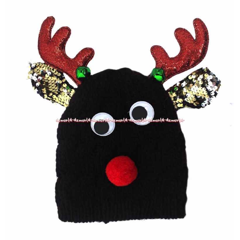 Noelle Topi Natal Sequin Hat Tutup Kepala Topi Santa Rajut Manik Glitter Emas Tanduk Rusa Hitam Merah