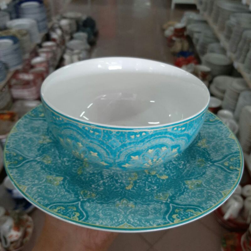 SET PIRING DAN MANGKOK KERAMIK SANGO HIAS CANTIK  MOTIF BATIK VINTAGE TOSCA
