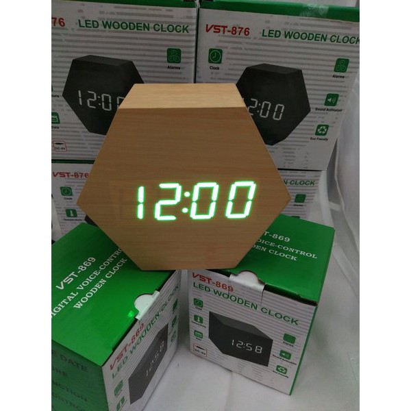 Jam Meja Digital Led Weker Digital Wood Alarm Clock 876 cream green