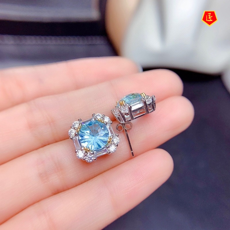 [Ready Stock]2 Karat Natural Blue Topaz Set Rings Eardrops Stud Earrings