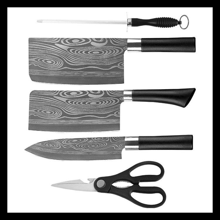 Promo 6In1 Set Pisau Dapur Chef Damaskus Pattern Pisau Cincang/Daging/Sushi Aksesoris Dapur