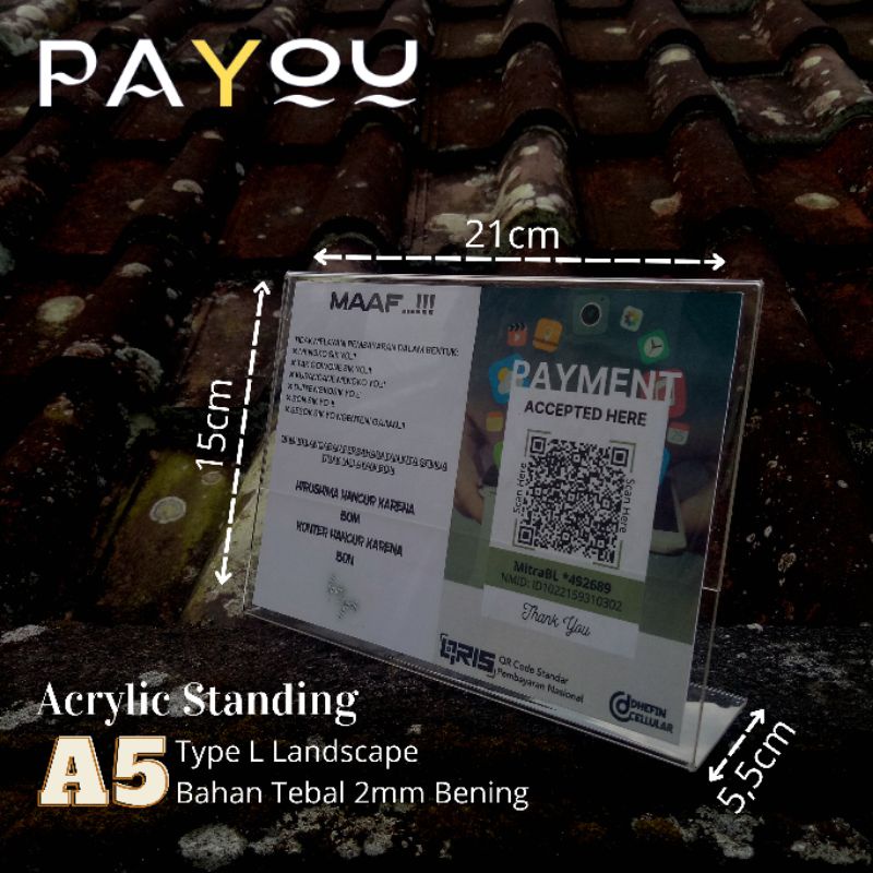 

Acrylic Standing A5 Type L Landscape/ Tempat QRIS/ Brosur/ Menu