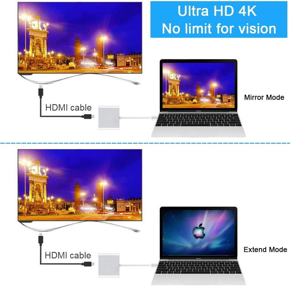 Adaptor Multiport Usb C Ke Hdmi Dan Usb 3.0 Tipe C 4k Video Usb 3.0 Pd Pengisian Cepat Untuk Laptop Dan Ponsel