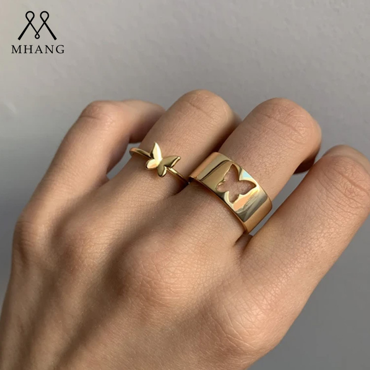 【MHANG】Set Cincin Wanita Kupu-kupu Emas Antik Terbuka Fashion Korea Berongga Perhiasan Cincin Wajah Lebar Kupu-kupu