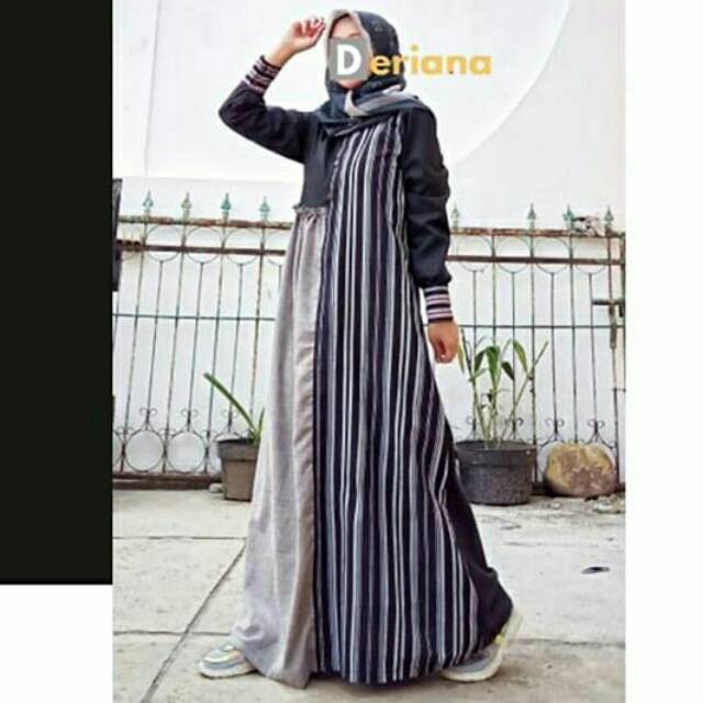 Gamis Dress Muslim Katun Santai Casual Lurik Wanita Modern Hanna Stripes Black Deriana Project