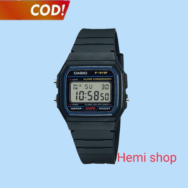 Jam Tangan Pria CASIO Klasik Digital Tali Karet Hitam F-91W-1 Original