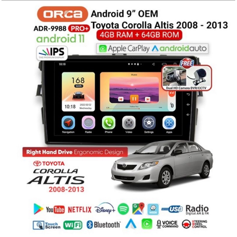 Head Unit Android ORCA PRO+ Toyota ALTIS ORCA ADR 9988 PRO+ CARPLAY Ram 6 GB Rom 128 GB