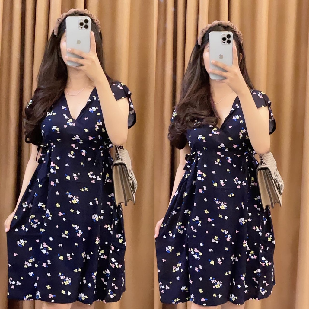 Baju tidur Daster kekinian kimono busui frendly bahan rayon adem-NAVY BUNGA PUTIH