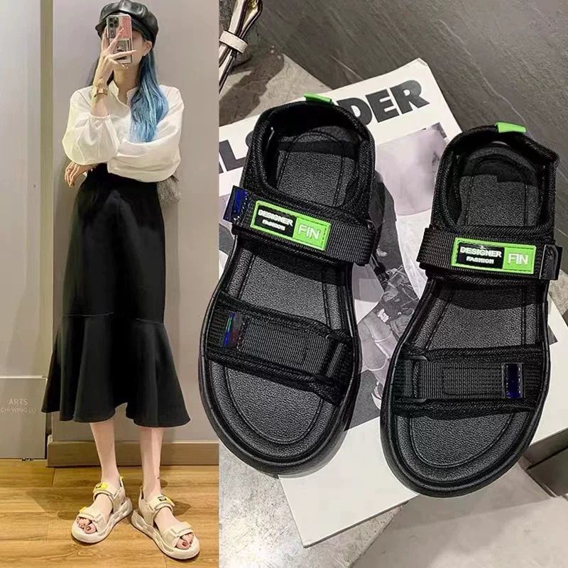[littlecrab] Sandal Gunung Hitam Putih Hijau Sandal Wanita Berkualitas Tinggi Sandal Tinggi Tali Selop Kasual Korean Style