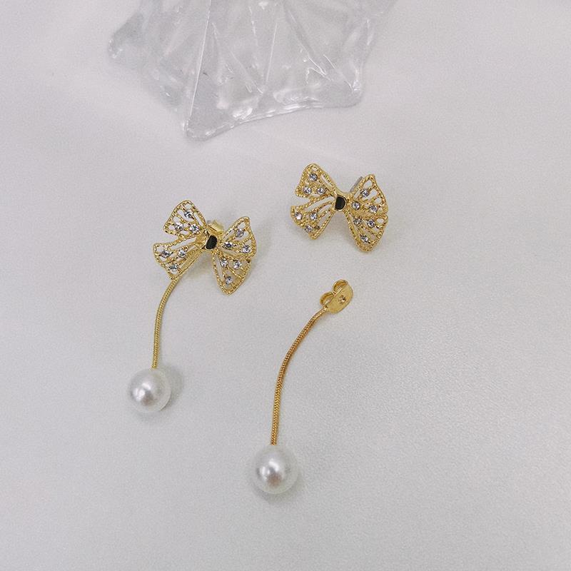 Anting Busur Berlian Berkilau Mutiara Berpohon Elegan Untuk Wanita Aksesoris Telinga Korea