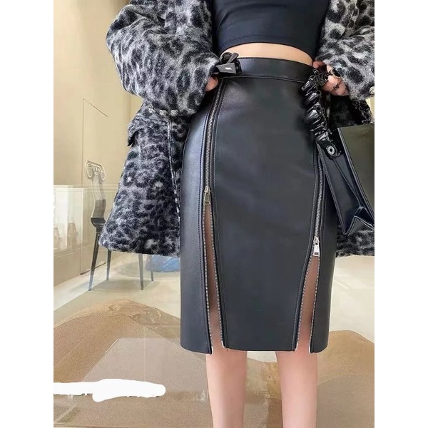 Rok Midi Kulit Sintetis Wanita Rok Kulit High Waist Rok Pensil Bodycon Double Belahan Split Pinggang Resleting Tinggi Elegan Model Wanita Seksi Streetwear