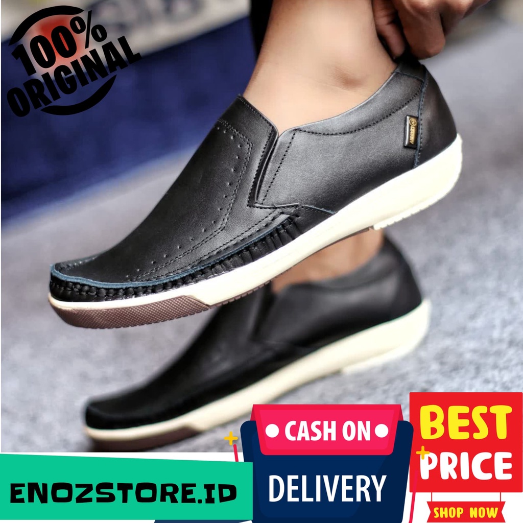 Sepatu Pria Kasual Kulit Asli Original Slip On Laki Kerja Cowo Keren Trendy Slop Kekinian Cowo Modis ORI Selop Flat Datar Excellent Exclusive Premium Duality Kets Cowok Laki  Tiga Warna Distro Street Style Enoz Calaio