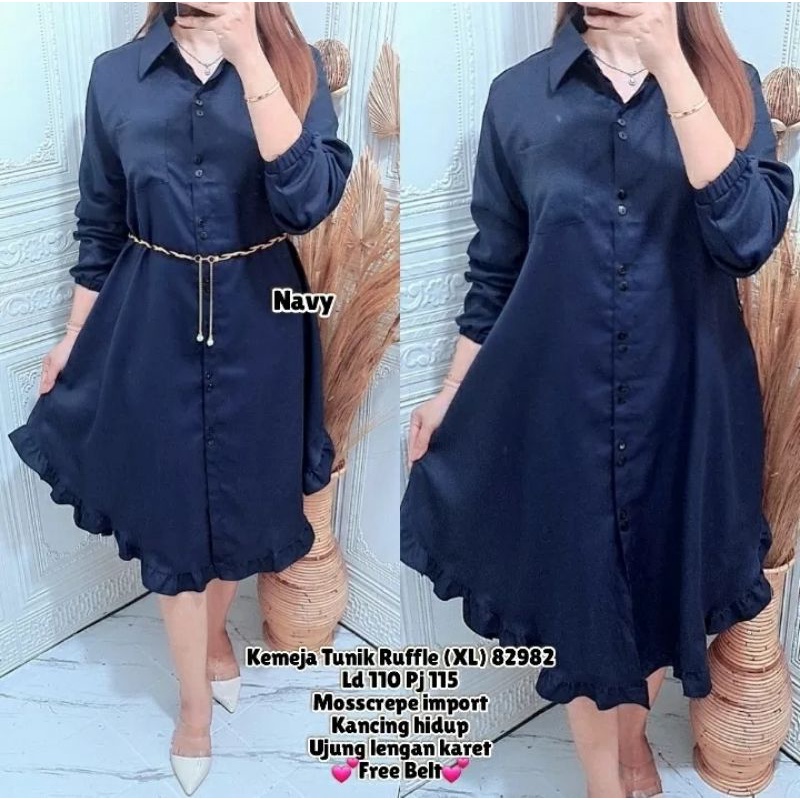 Kemeja Tunik Ruffle Allsize fit to XL (FREE BELT)// Tunik Wanita Terbaru Full Kancing// Bahan Itycrepe Lembut Ellegant// Bisa Bayar Ditempat