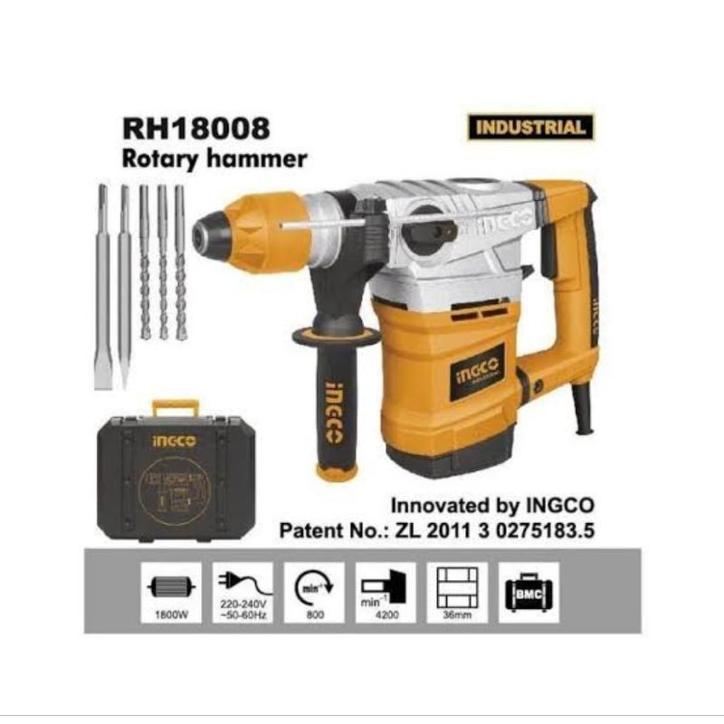 MESIN ROTARY HAMMER 36MM MESIN BOR BETON MESIN BOR BOBOK TEMBOK INGCO BONUS 2 SET SARUNG TANGAN INGCO