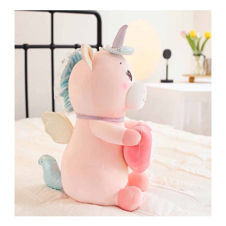 Boneka unicorn cantik pegang love terbang bahan plush