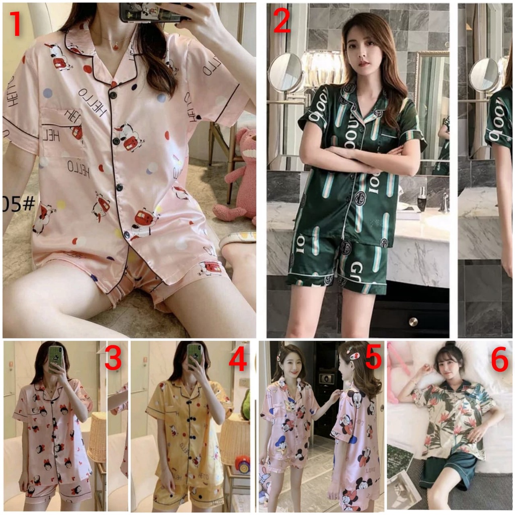 BAJU TIDUR PIYAMA CEWEK SATIN IMPORT BERKUALITAS HOTPANTS SETELAN BAJU MOTIF KANCING KRAH LENGAN PENDEK SIZE M-2XL FIT TO 70KG MOTIF MIKI TERBARU