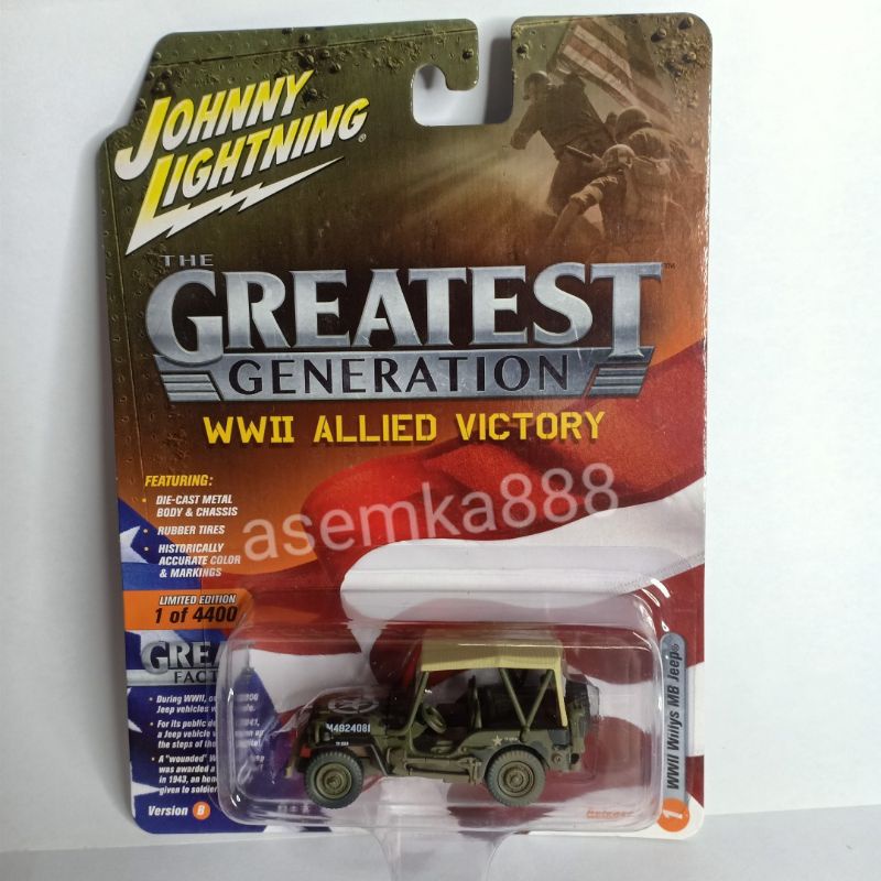 Johnny Lightning 1/64 diecast WWII allied victory Willys MB Jeep with top dirty - JLCP7065
