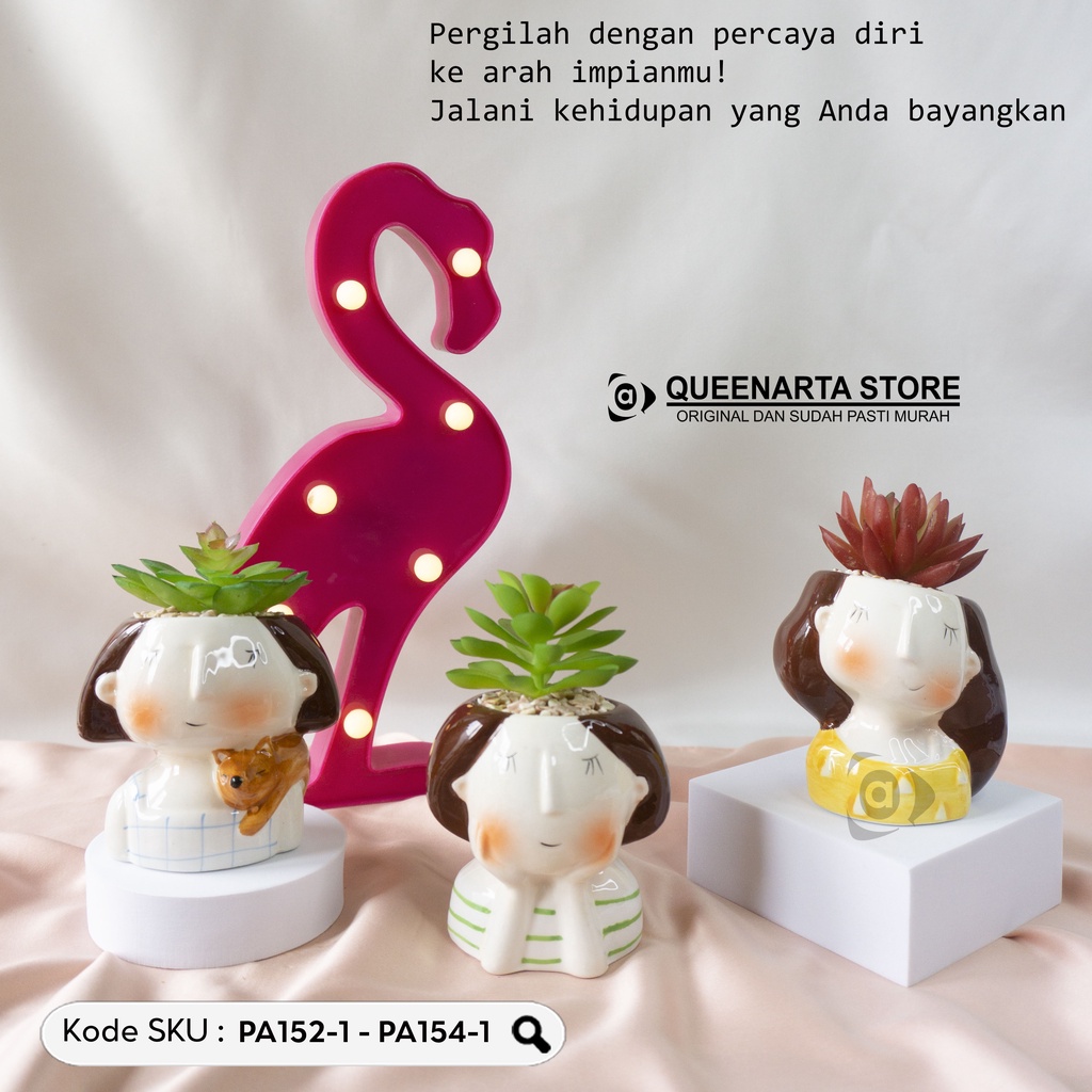 Queenarta Sukulen Mini Jenis Tanaman Kaktus dan Bunga Hias Plastik Pot Keramik Karakter Cantik Buat 