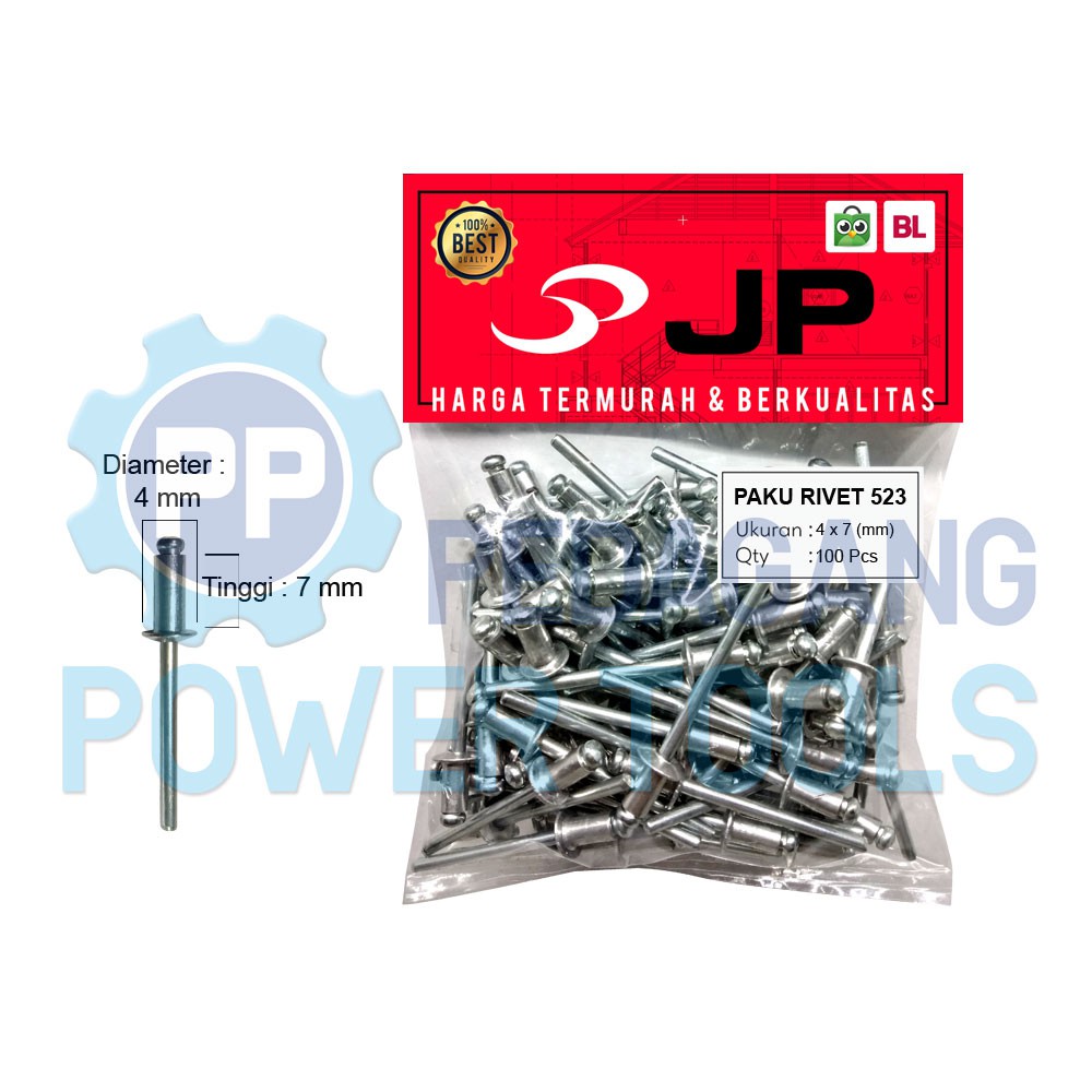 PAKU RIVET 523 - 4 X 7 MM BLIND RIPET RIFET TEMBAK ALUMINIUM 100 PCS