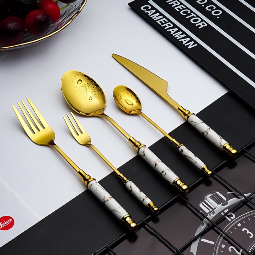 PERALATAN MAKAN SENDOK GARPU PISAU PER SATUAN TIPE KERAMIK EMAS BERBAHAN DASAR STAINLESS STEEL ELEGA