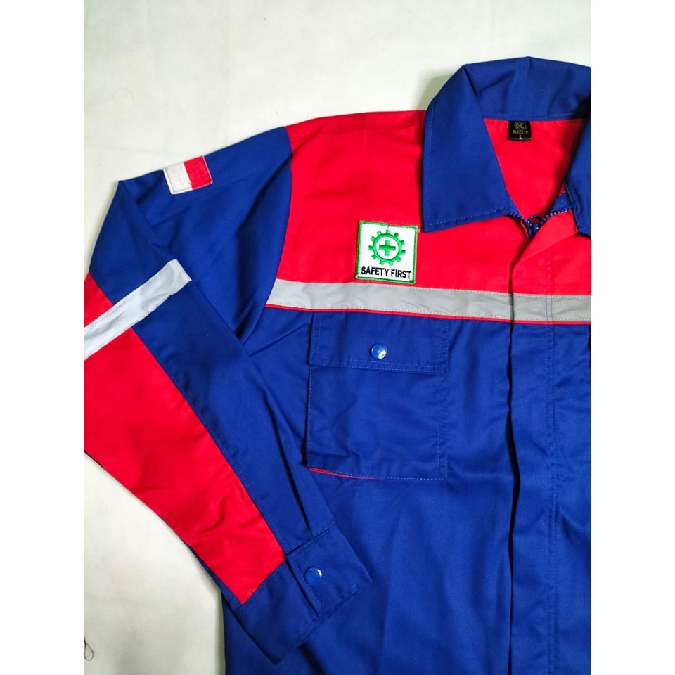 Baju Atasan Safety | Kemeja Wearpack Proyek Lengan Panjang | Merah - Biru Benhur