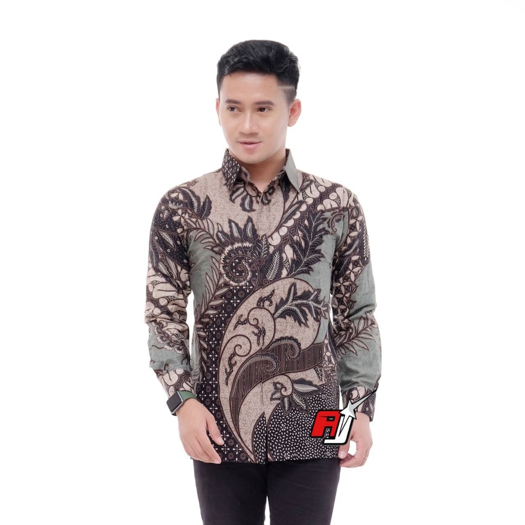 Batik Pria Lengan Panjang BATIK BERKAH HRB026 motif KERATONAN Kode 002 size M L XL XXL Reguler-Kmj padi ijo