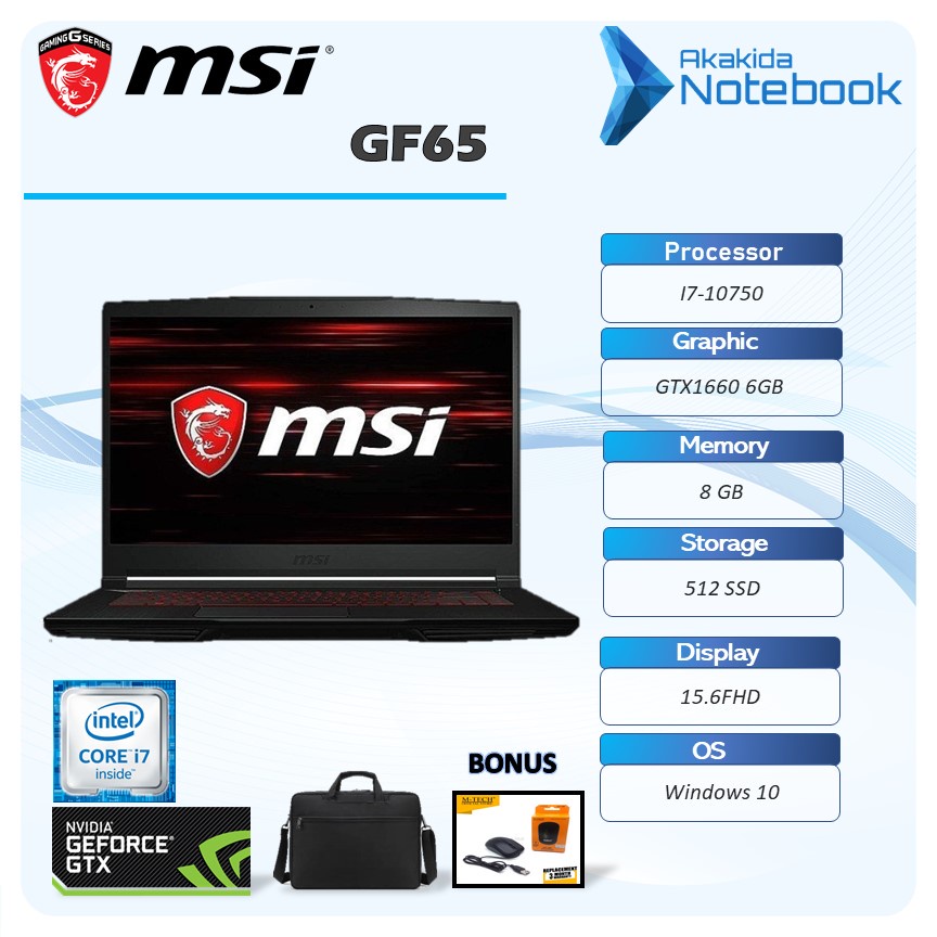laptop msi gf65 gtx1660ti 6gb intel i7 10750 8gb 512ssd w10 15 6fhd