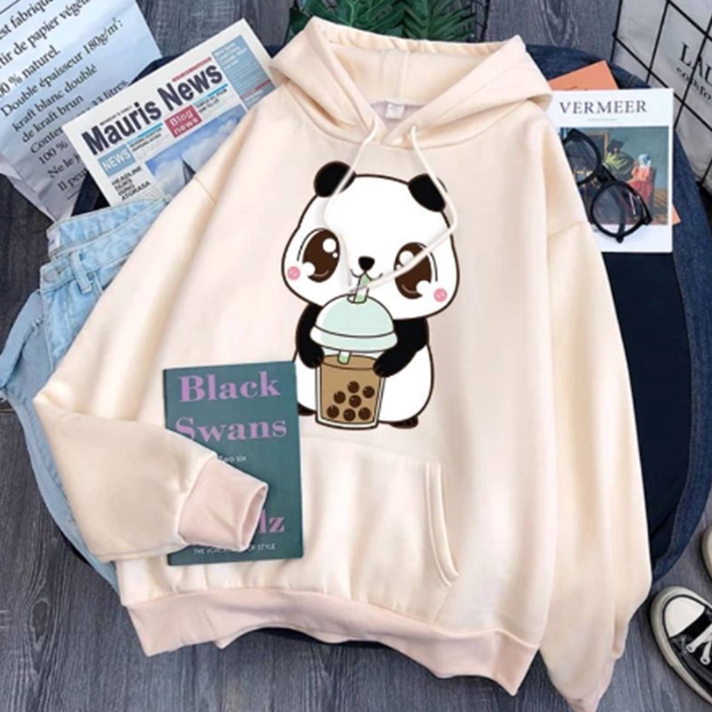 Sweater Hoodie Cream Panda Lucu Wanita Sweeter Hodie Anime Oversize Cewek Sweter Hudie Over Size Cut