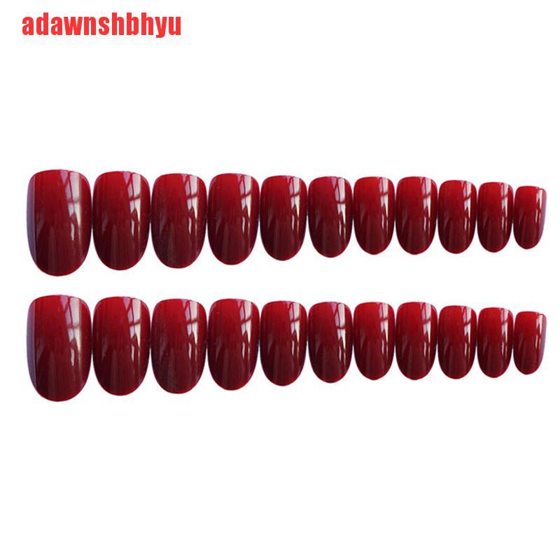 24pcs Kuku Palsu Warna Merah Wine Bentuk Bulat Untuk Dekorasi Manicure