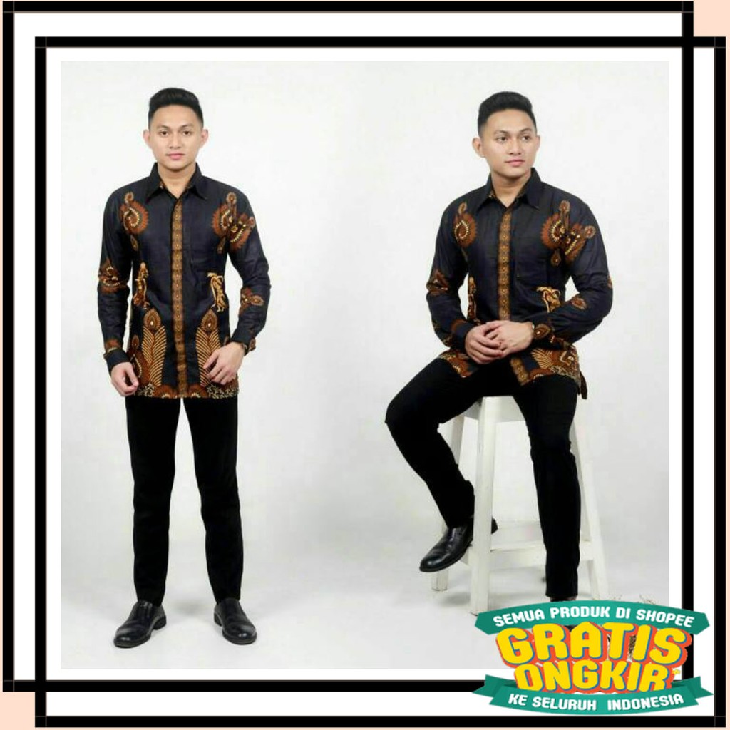 BATIK SEMARANG MURAH - TERBARU TERKINI / Kemeja Batik Lengan Panjang Wayang Coklat Toska Navy