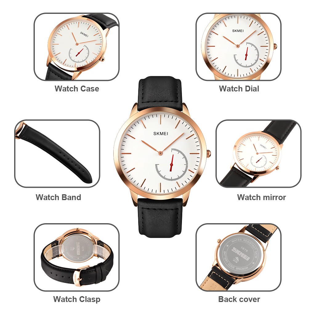 Jam Tangan Pria SKMEI 1676 Casual Mens Watches Male Luxury Leather Strap Quartz Business Watch