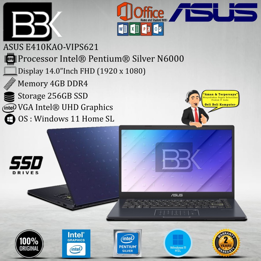 ASUS E410KAO-VIPS621 Pentium N6000 4GB 256GB SSD WIN11HSL OHS 21 2YR