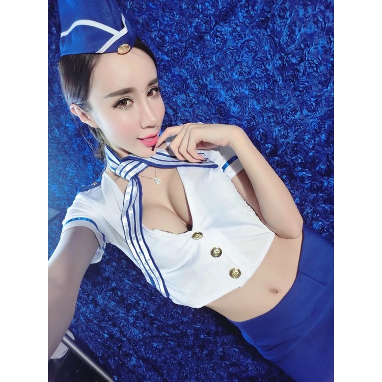 Set Lingerie Bertema Cosplay Pramugari Mini Kemeja +Stocking jaring