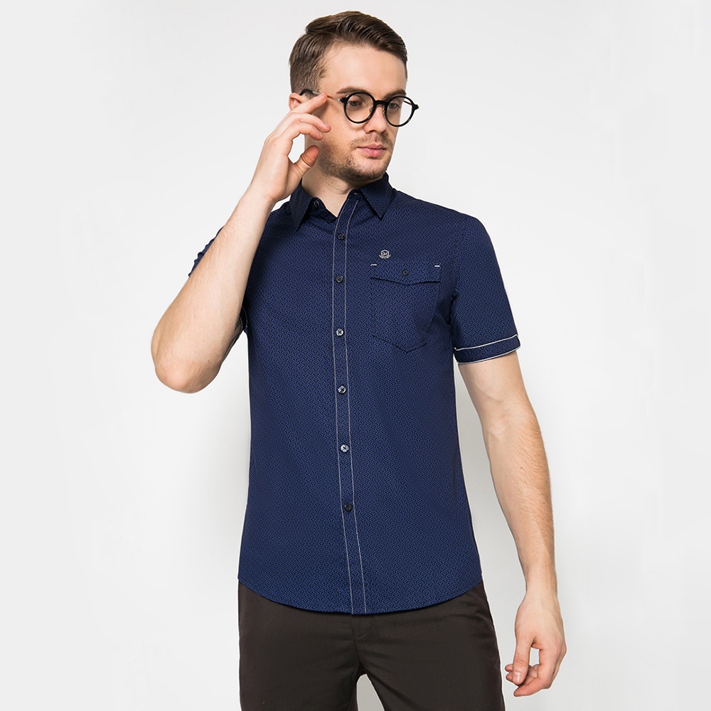 Johnwin - Kemeja Casual - Kemeja Lengan Pendek - Biru Dongker / Navy - Free keychain