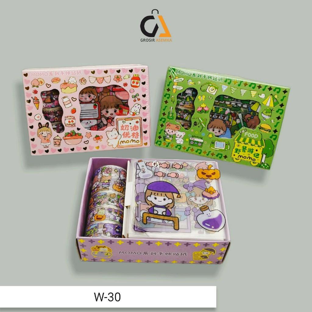 Washi Tape 4 Roll + 10 Lembar Stiker MOMO Set Box