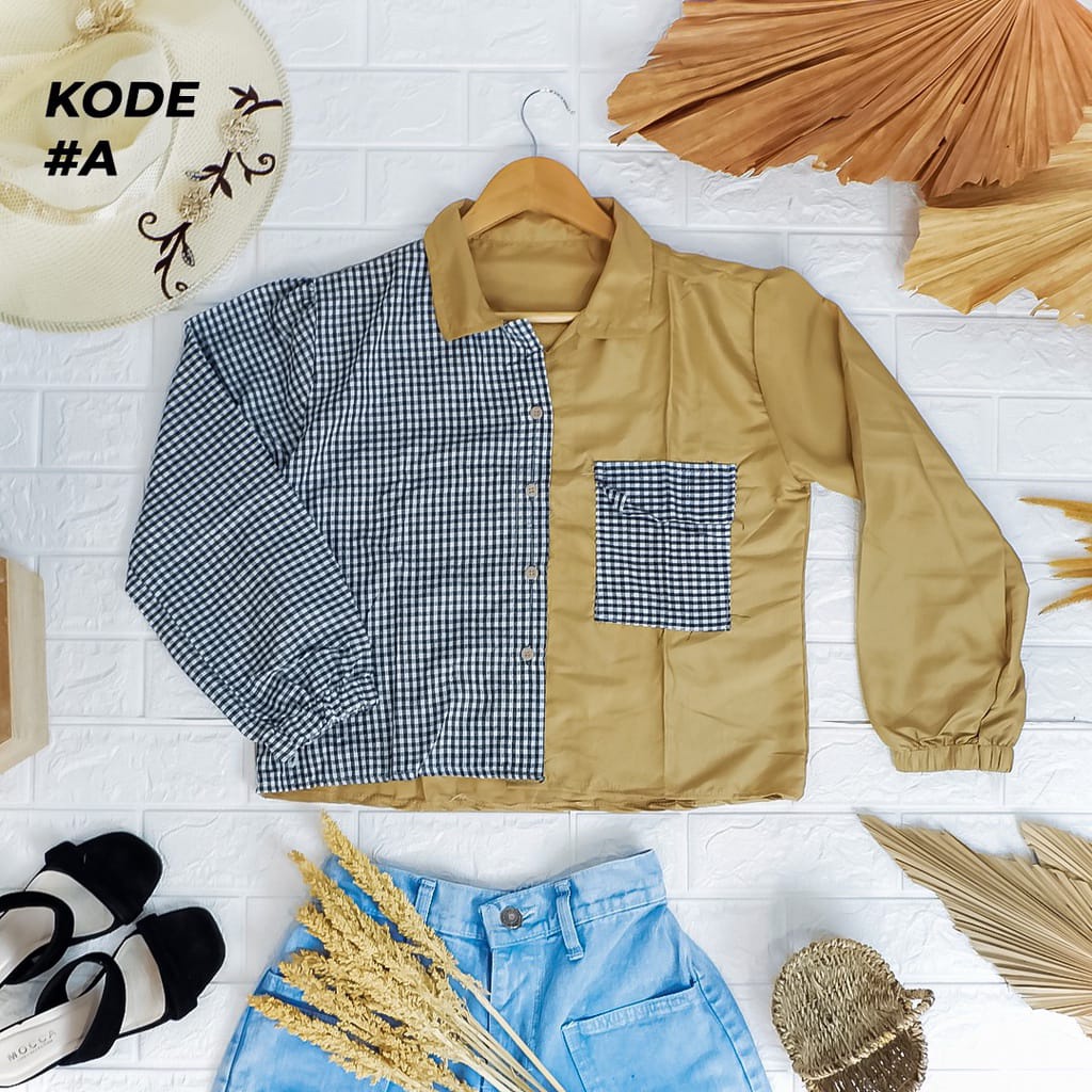 BEFAST - ZEC Kemeja Wanita ENJIYU / Haidy Combine Oversize Tartan Shirt / Kemeja lucu Kotak-kotak / Kemeja Lengan Panjang Kekinian / Kemeja Kekinain