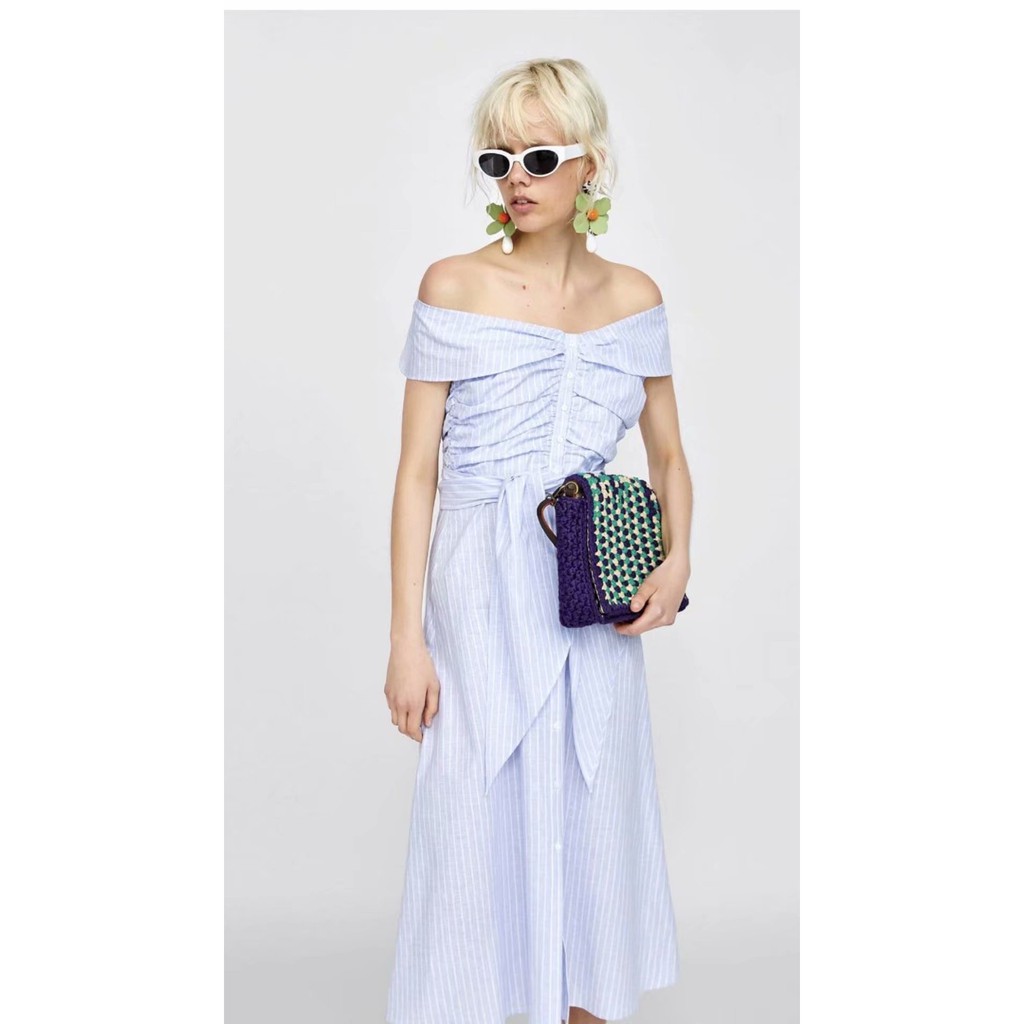(REAL PIC) A247741 BAJU SABRINA OFF SHOULDER MIDI DRESS BIRU LANGIT SKY BLUE PITA FASHION WANITA IMP