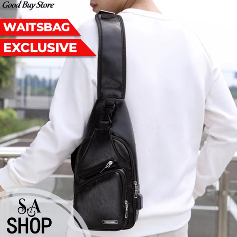 Tas Selempang Weastbag Pria Semi Kulit Tas Slempang Cowok Kekinian Anti Air Waterproof Headset