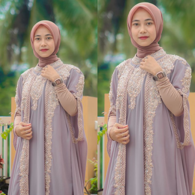 Kaftan rades | Kaftan jubah madina bahan ceruty full bordir dan payet Gamis Mahera wanita remaja ibu ibu terbaru kekinian-Abu taupe