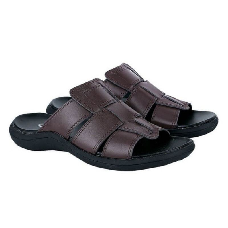 Sandal Slipper Pria Rain03 / Sendal Slide Slop Kulit asli  Coklat Full Kulit