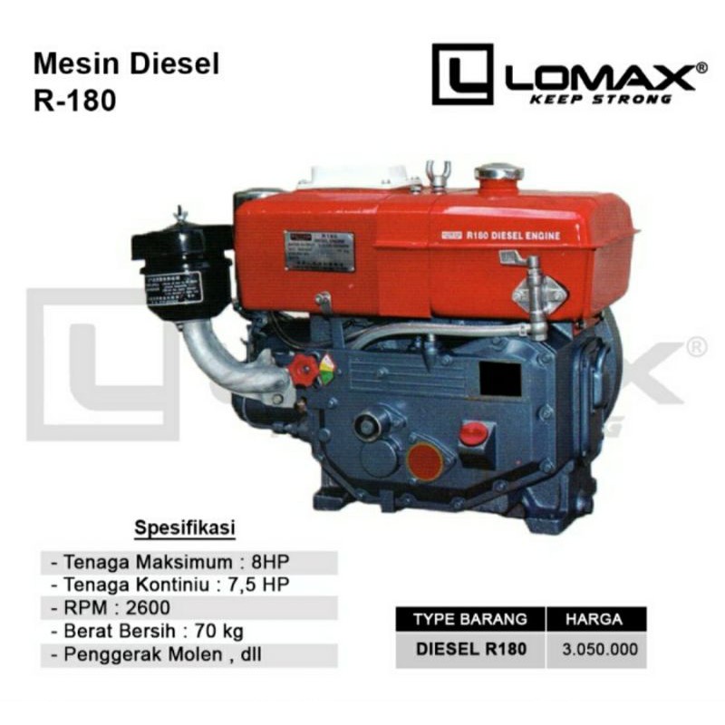 Mesin Penggerak Diesel 8 Hp R180 Merk Lomax