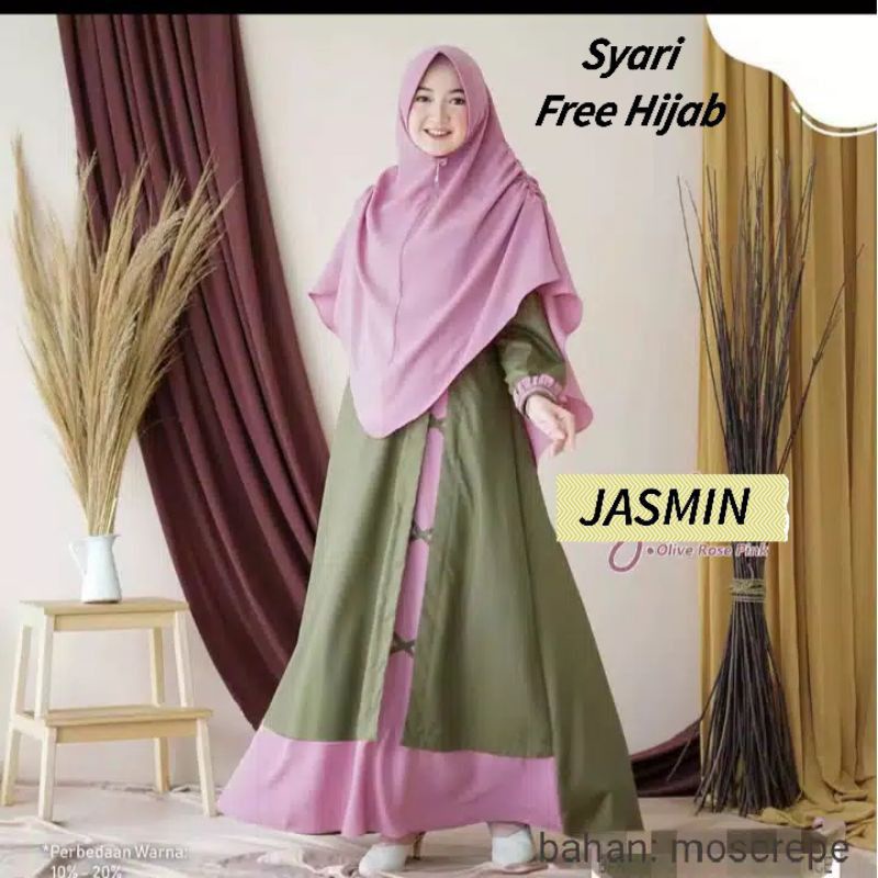 Baju Gamis Dress Syari Busui Wanita Muslim Free Plus Hijab Khimar Kerudung Ukuran S M L XL JASMIN Po
