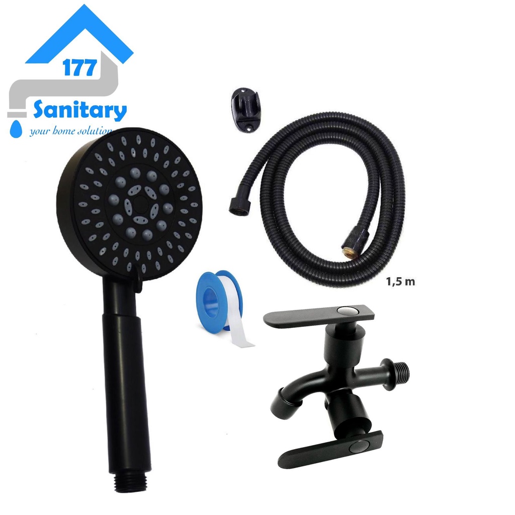 Paket bundling Hand shower 5in1 HITAM 19004BL-kran cabang- Handshower semprotan sower mandi set black dan kran air cabang hitam minimalis