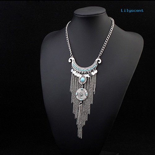 Kalung Choker Rantai Panjang Liontin Rumbai Turquoise Bahan Alloy Gaya Bohemian Untuk Wanita