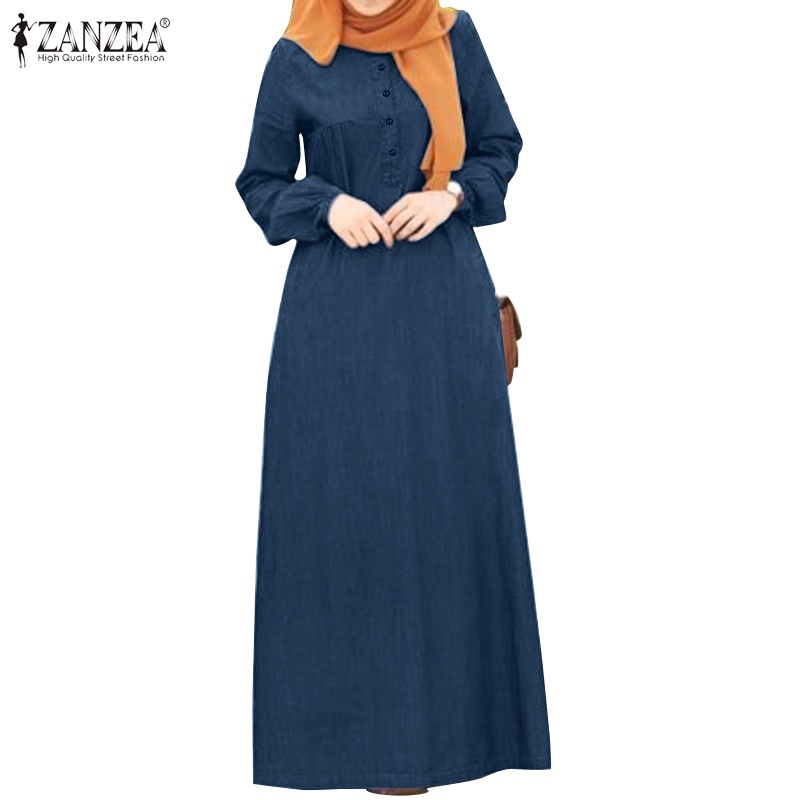 ZANZEA Women Casual Long Sleeve Elastic Cuff Muslim Long Dress